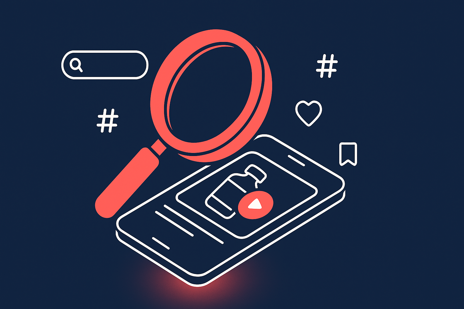 TikTok SEO for supplement brands, coral magnifying glass over a smartphone showing a supplement video feed on TikTok