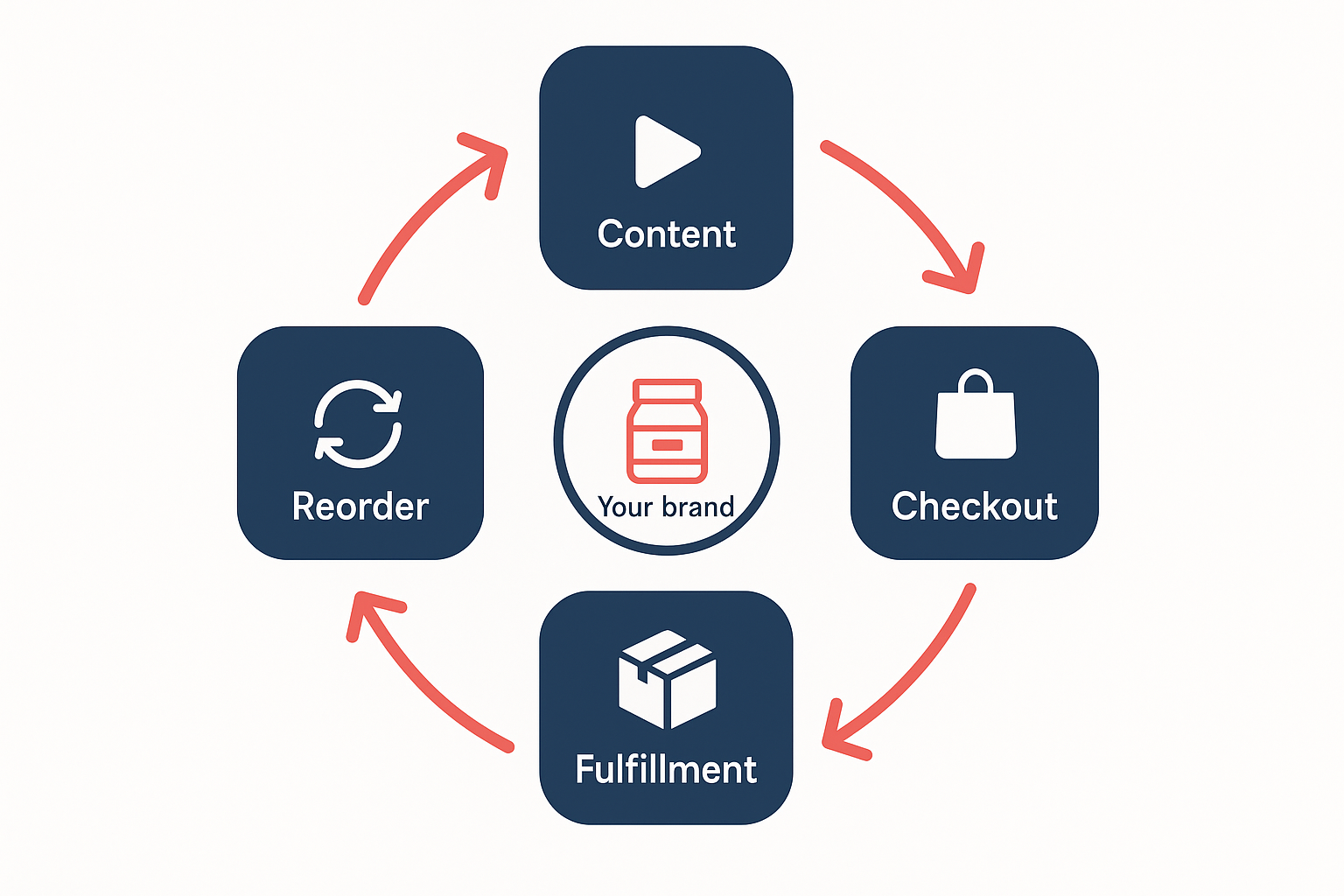 Creator flywheel infographic for selling white-label supplements with content, checkout, fulfillment and reorder steps.