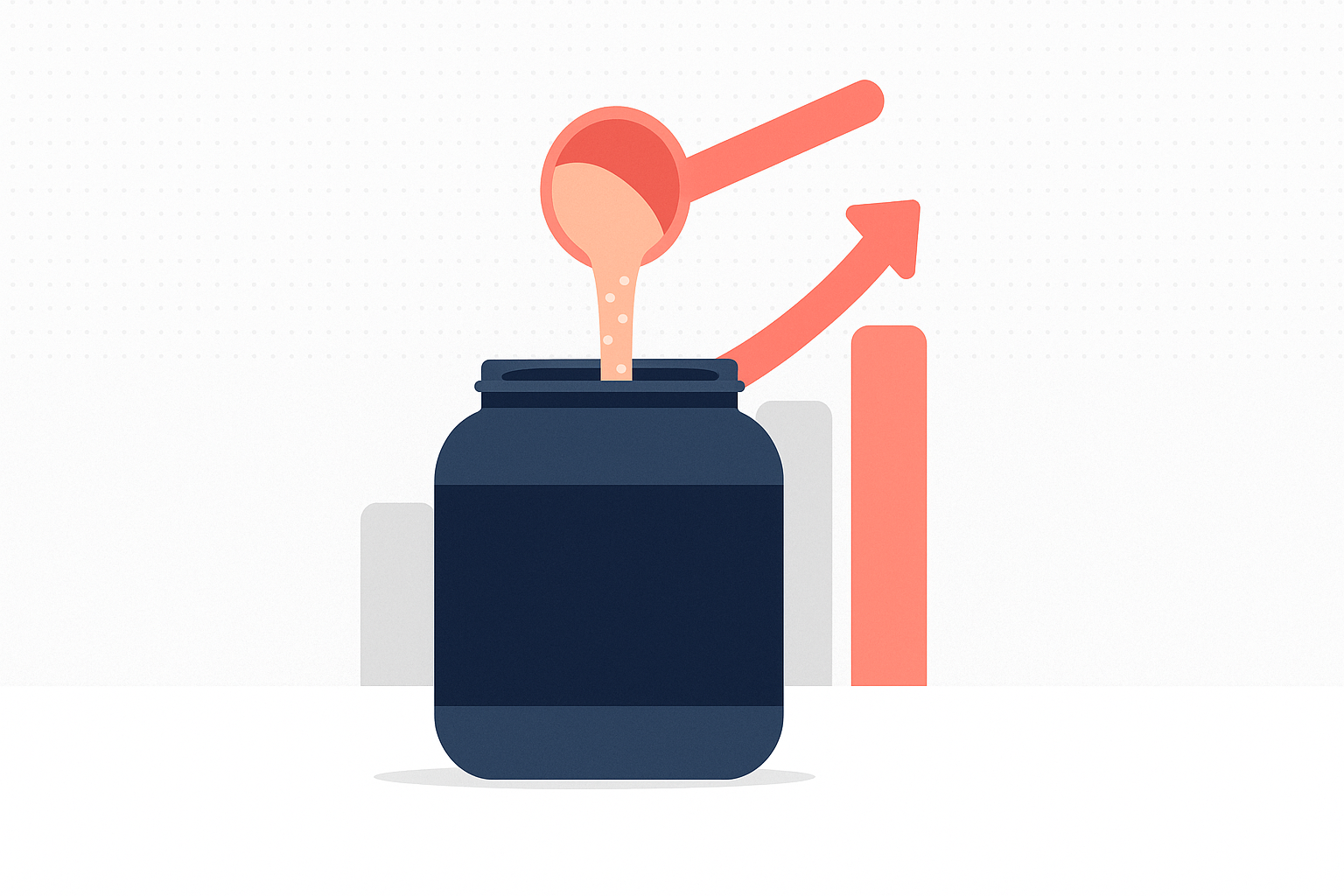 White-label supplement hero with a navy tub, coral scoop of powder and rising margin arrows.
