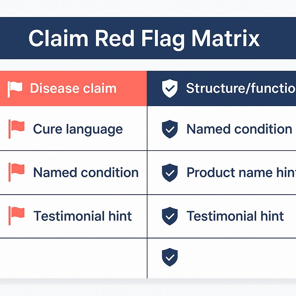 FDA claim red flag matrix showing supplement marketing claim patterns that trigger warning letters