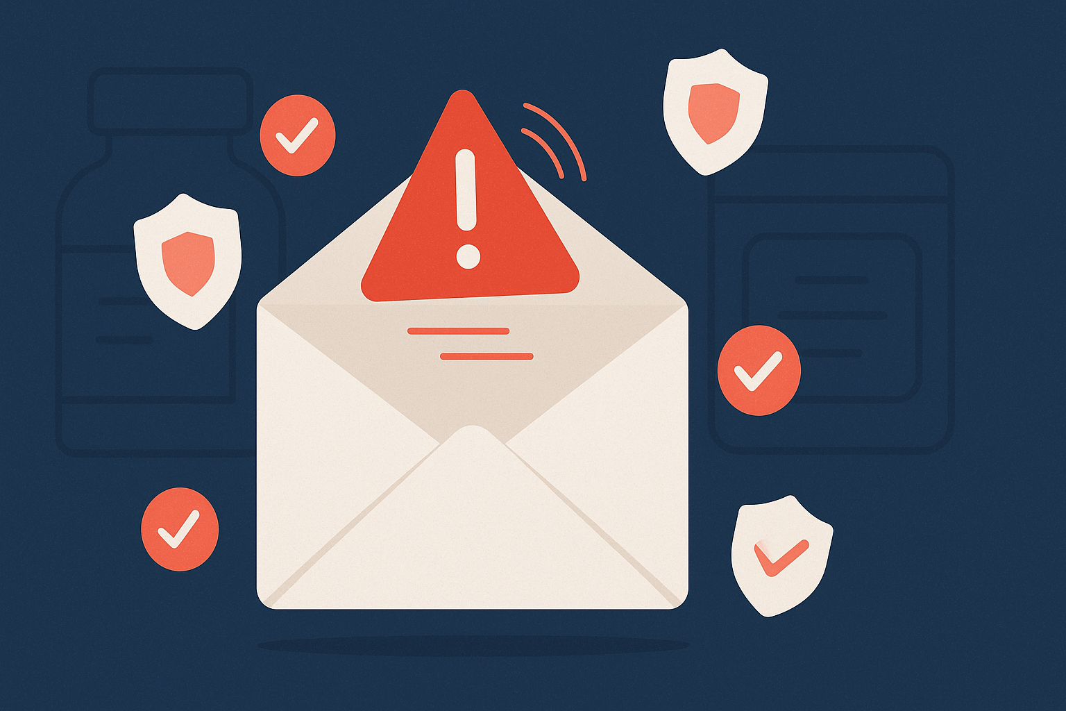 FDA warning letter illustration with an open envelope, coral warning triangle, shield icons, and checkmark icons on a navy background