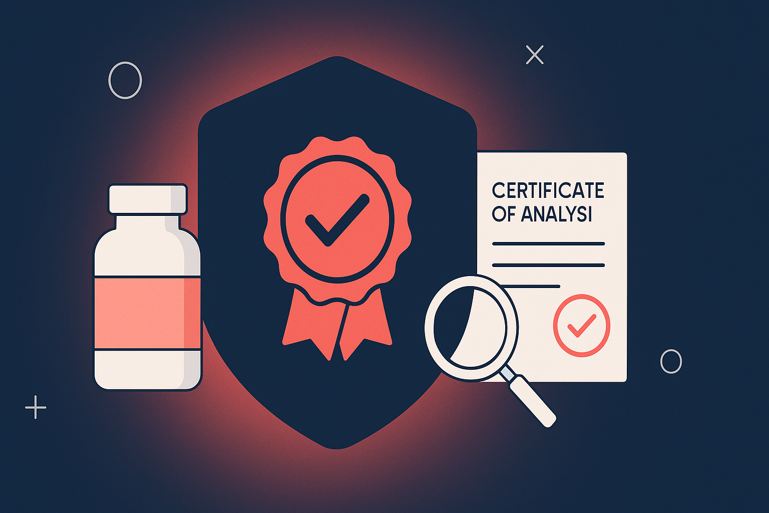 Rocktomic-style flat-vector header illustration of a navy shield with coral checkmark seal, white supplement bottle, and Certificate of Analysis document on a deep navy background for a supplement brand protection article.