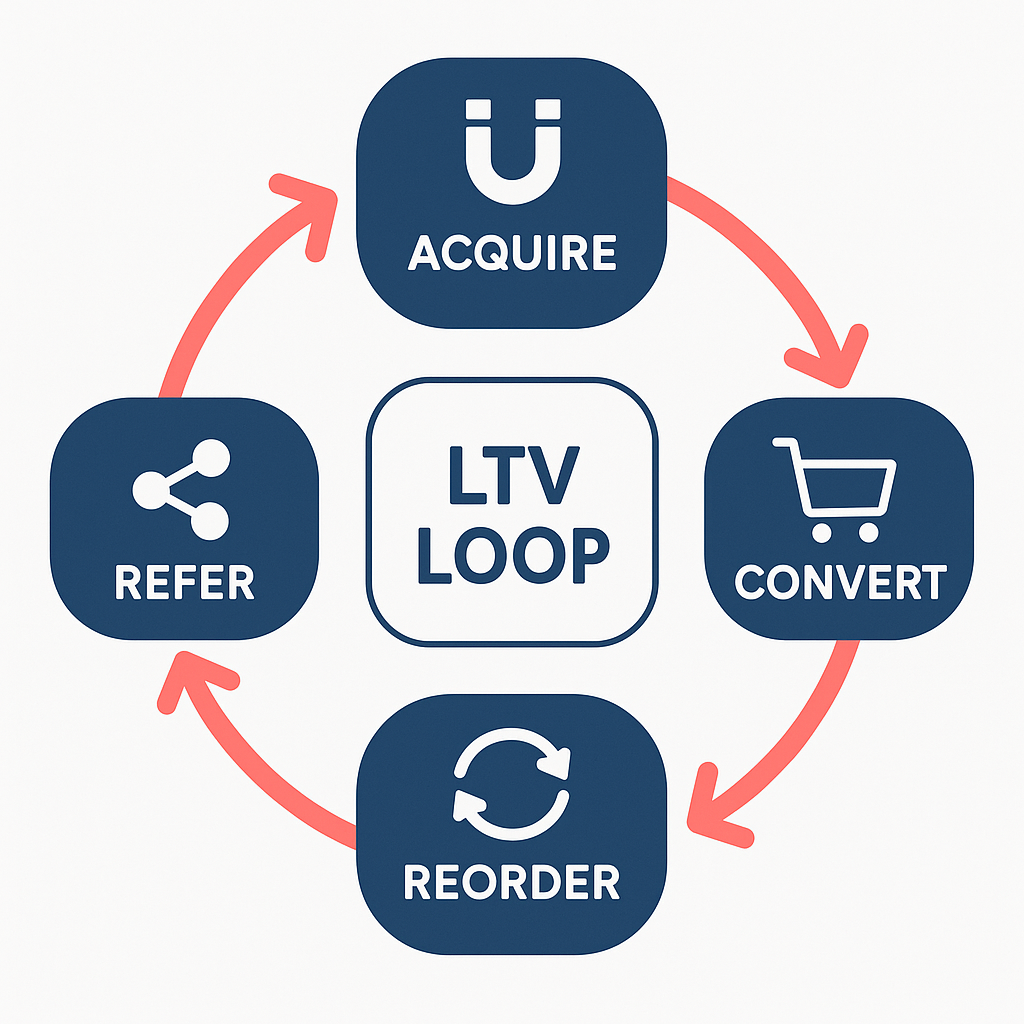 Circular LTV loop cycle showing acquire, convert, reorder, and refer for customer acquisition growth