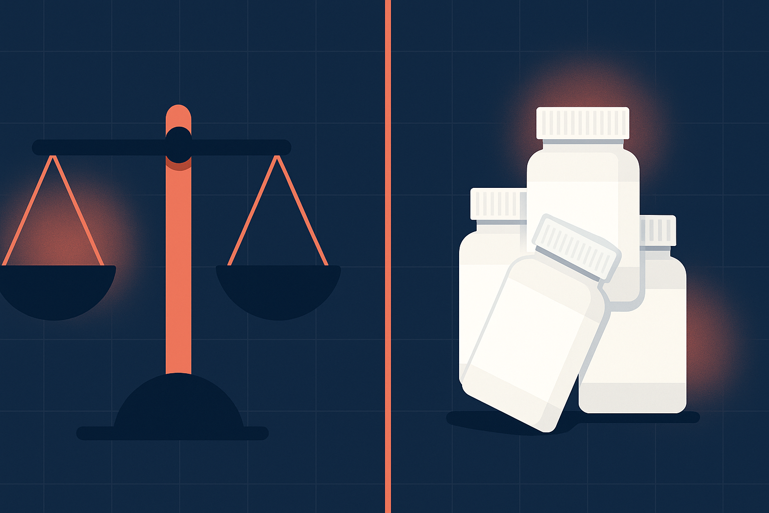 Flat vector illustration of a coral-accented balance scale beside white-label supplement bottles representing customer acquisition cost planning