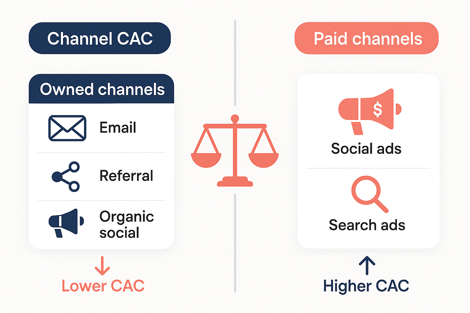 Customer acquisition cost channel comparison infographic of owned versus paid marketing channels