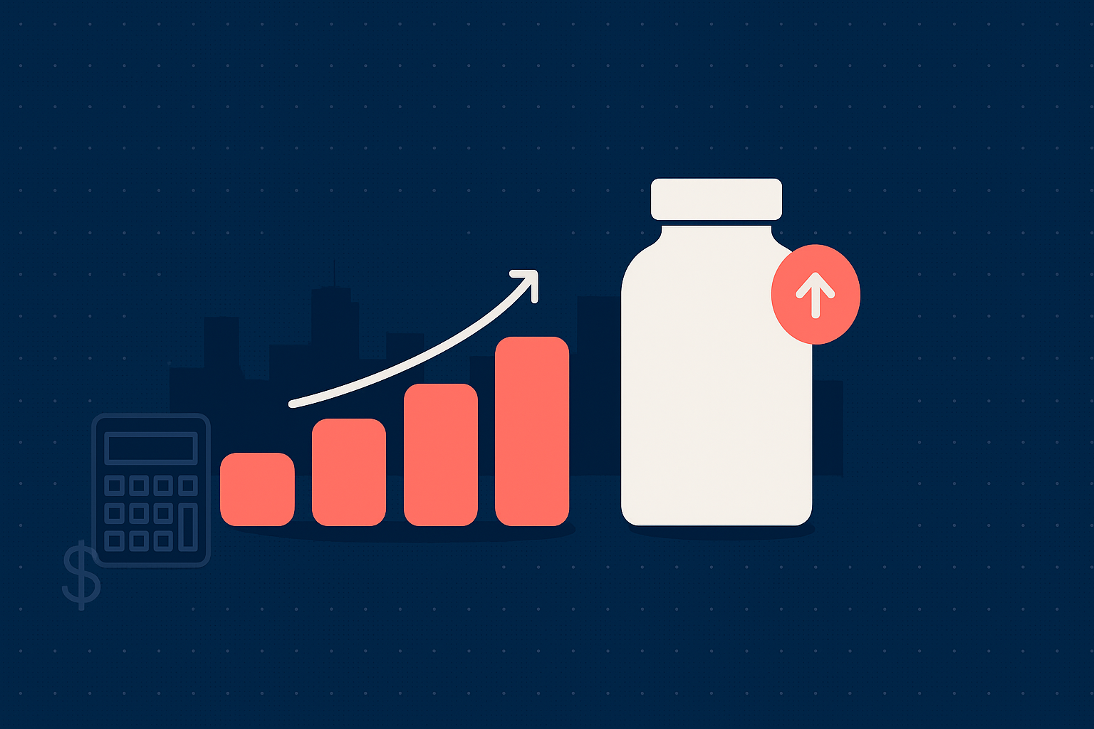 Customer acquisition cost hero graphic with rising coral step chart and supplement bottle silhouette on navy