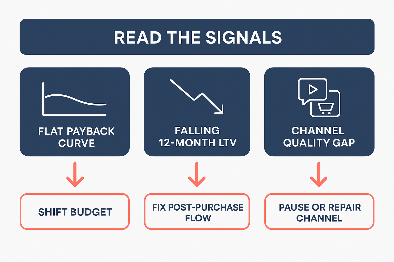 Cohort analysis table showing payback speed, 12-month LTV trend, and channel quality gap for budget decisions