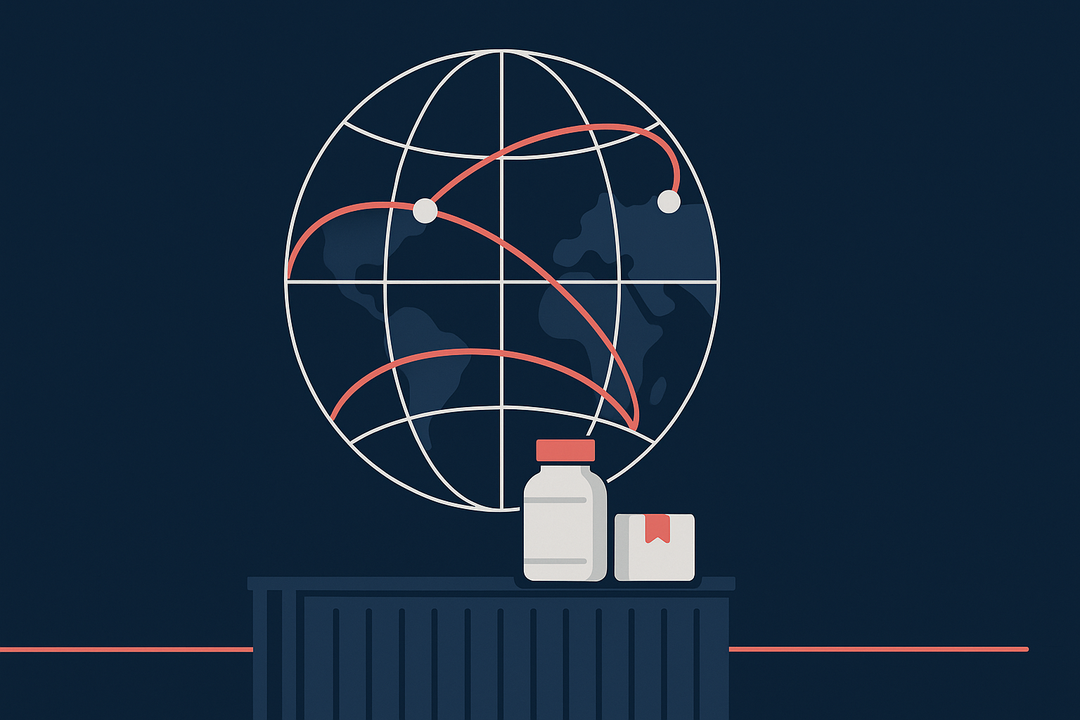 Rocktomic flat vector hero illustration of a wireframe globe with coral export routes above a supplement bottle and parcel on a shipping container.