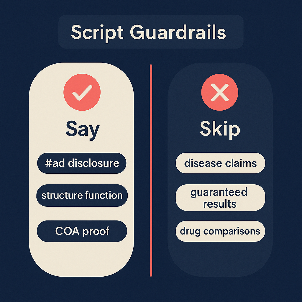 Say vs Skip card showing approved supplement claims and phrases influencers should avoid
