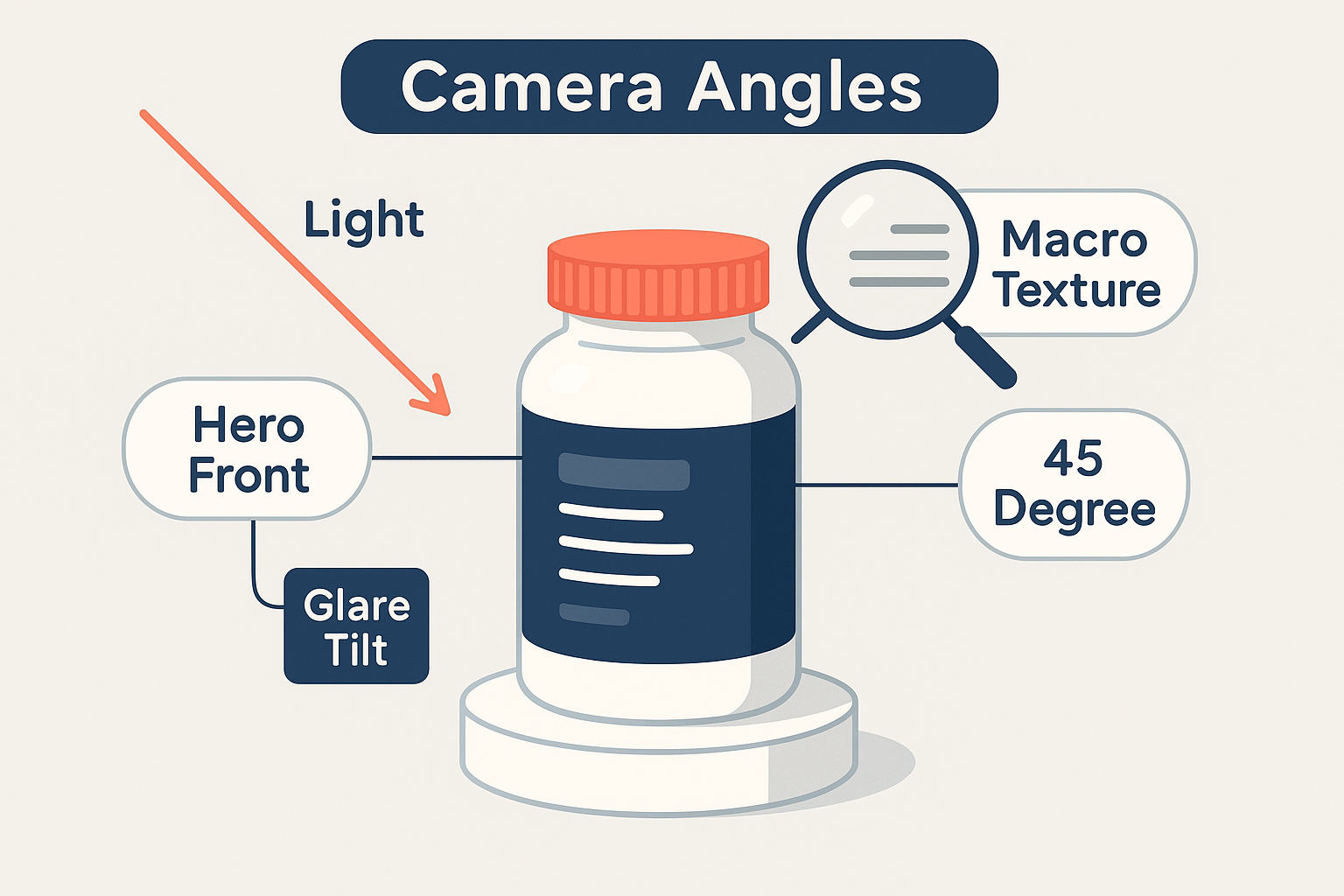Camera angle diagram for premium supplement labels: hero front, 45 degree angle, macro texture, light direction, and glare tilt