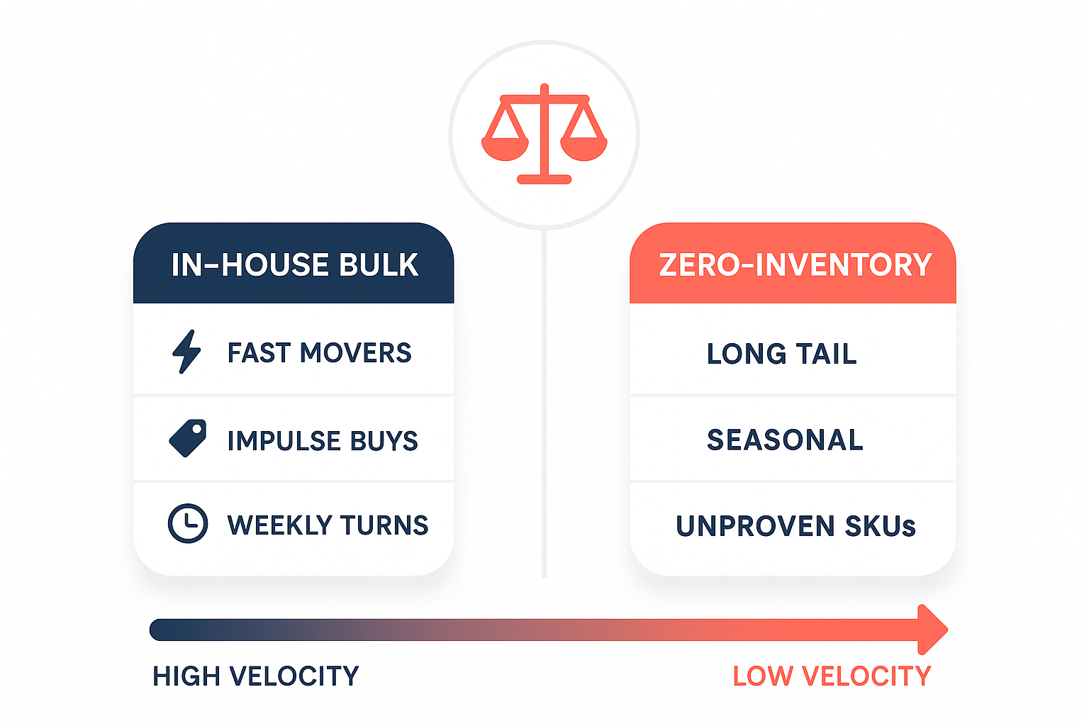 Gym supplement allocation infographic showing which products belong on the shelf versus online dropship