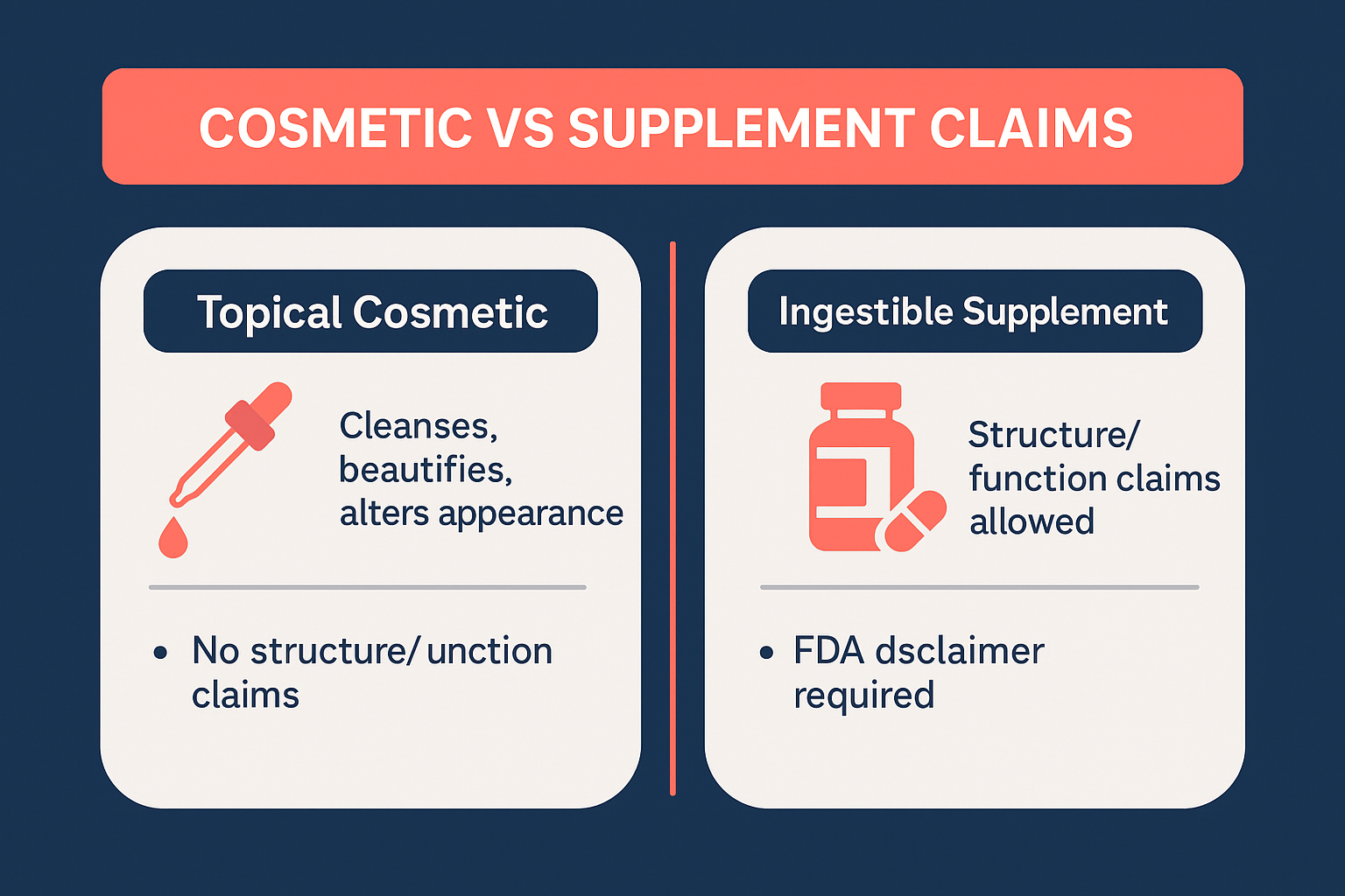 Two-column comparison infographic of cosmetic versus supplement claim rules