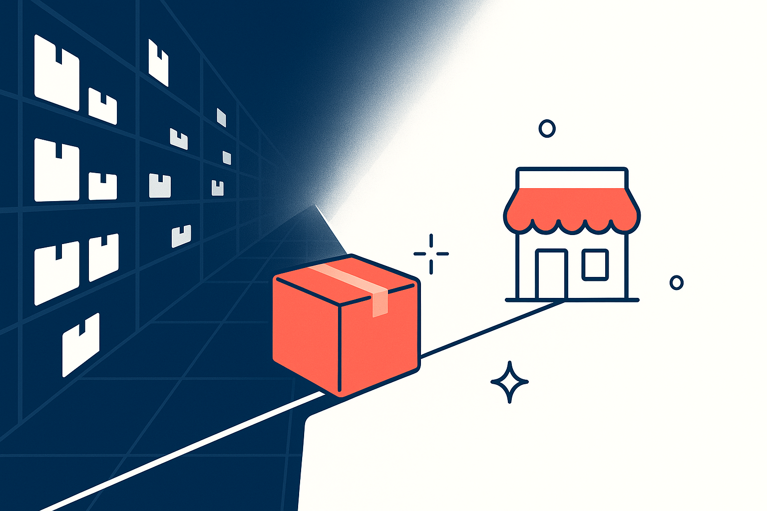 Flat vector hero of a navy warehouse aisle dissolving into white space where a coral shipping box flows toward a storefront, illustrating on-demand fulfillment.