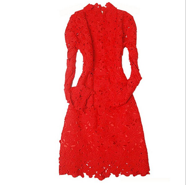2015 Spring New Fashion Celebrities Womens Dresses Top Quality Hollow out Stunning Lace Dress Elegant long sleeve Runway Dress