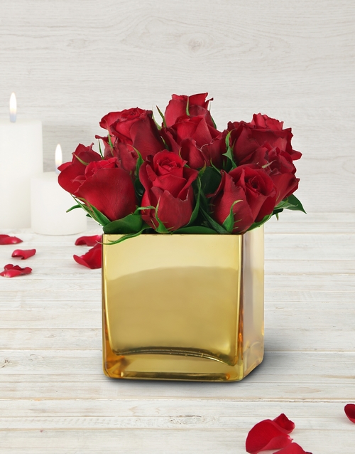 Red Roses in a Petite Gold Vase