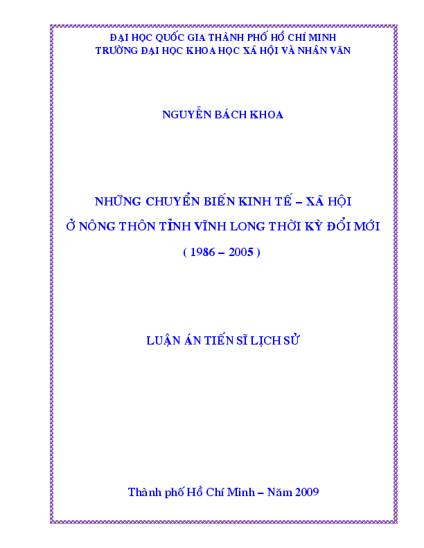 Những chuyển biến kinh tế - xã hội ở nông thôn tỉnh Vĩnh Long thời kỳ đổi mới (1986 - 2005) luận án Tiến sĩ 05.03.15