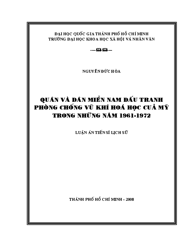Quân và dân miền Nam đấu tranh phòng chống vũ khí hóa học của Mỹ trong những năm 1961- 1972 luận án Tiến sĩ 62.22.50.05