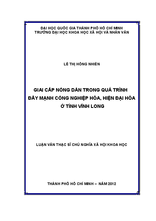 Giai cấp nông dân trong quá trình đẩy mạnh công nghiệp hóa, hiện đại hóa ở tỉnh Vĩnh Long luận văn Thạc sĩ 60.22.85