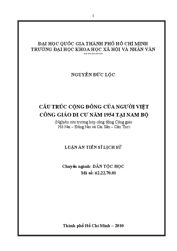 Cấu trúc cộng đồng của người Việt công giáo di cư năm 1954 tại Nam bộ (nghiên cứu trường hợp cộng đồng Công giáo Hố Nai - Đồng Nai và Cái Sắn - Cần Thơ) luận án tiến sĩ 62.22.70.01