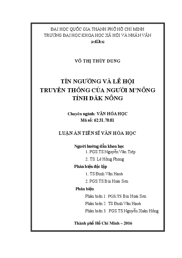 Tín ngưỡng và lễ hội truyền thống của người M'nông tỉnh Đăk Nông luận án Tiến sĩ 62.31.70.01