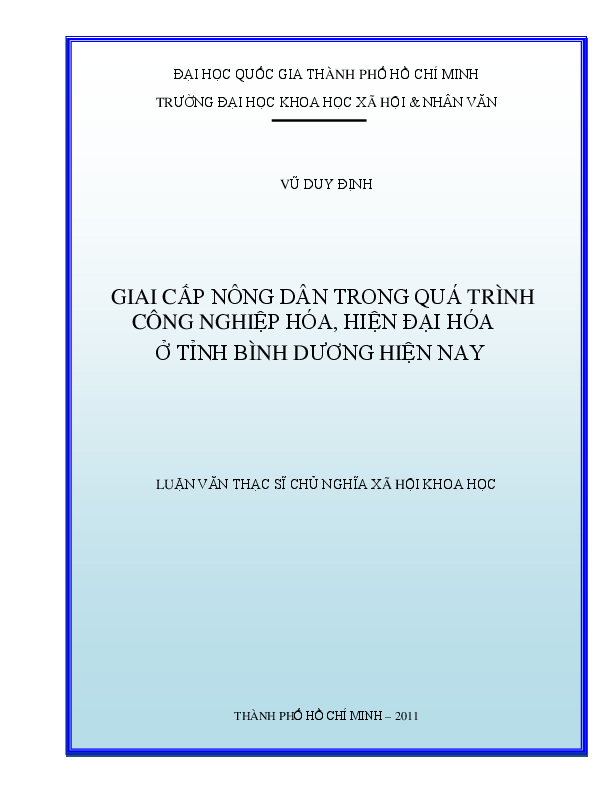 Giai cấp nông dân trong quá trình công nghiệp hóa, hiện đại hóa ở tỉnh Bình Dương hiện nay luận văn Thạc sĩ 60.22.85