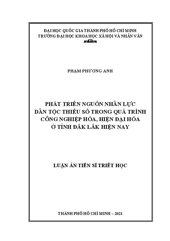 Phát triển nguồn nhân lực dân tộc thiểu số trong quá trình công nghiệp hóa, hiện đại hóa ở tỉnh Đắk Lắk hiện nay luận án Tiến sĩ 9.22.90.01