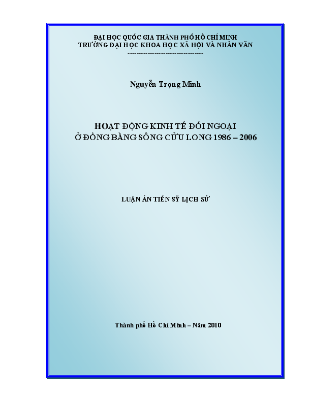 Hoạt động kinh tế đối ngoại ở đồng bằng sông Cửu Long 1986 - 2006 luận án Tiến sĩ 62.22.54.05