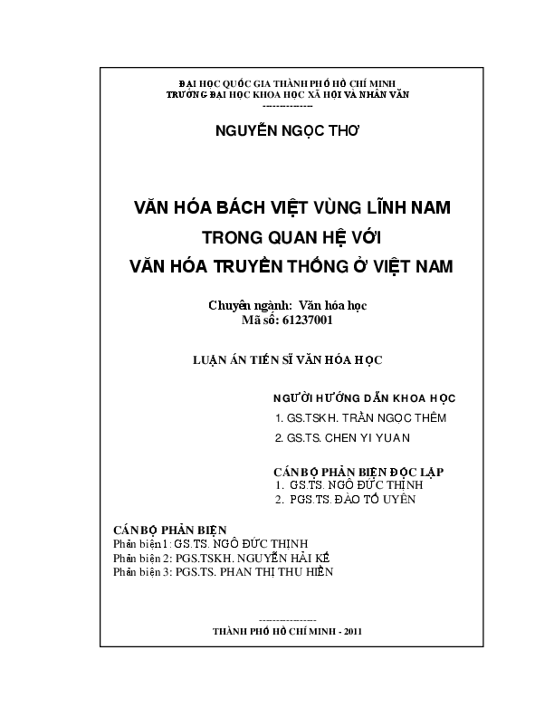 Văn hóa Bách Việt vùng Lĩnh Nam trong quan hệ văn hóa truyền thống ở Việt Nam luận án Tiến sĩ 61.23.70.01