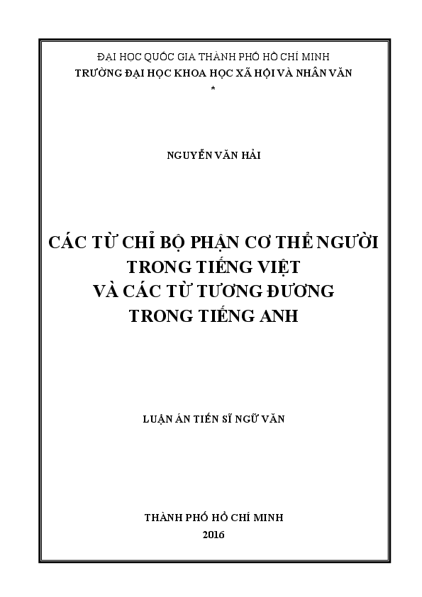 Các từ chỉ bộ phận cơ thể người trong tiếng Việt và các từ tương đương trong tiếng Anh luận án Tiến sĩ 62.22.01.01