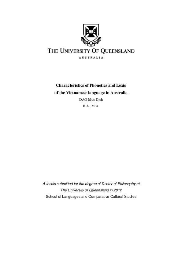 Characteristics of phonetics and lexis of the Vietnamese language in Australia Ph.D.