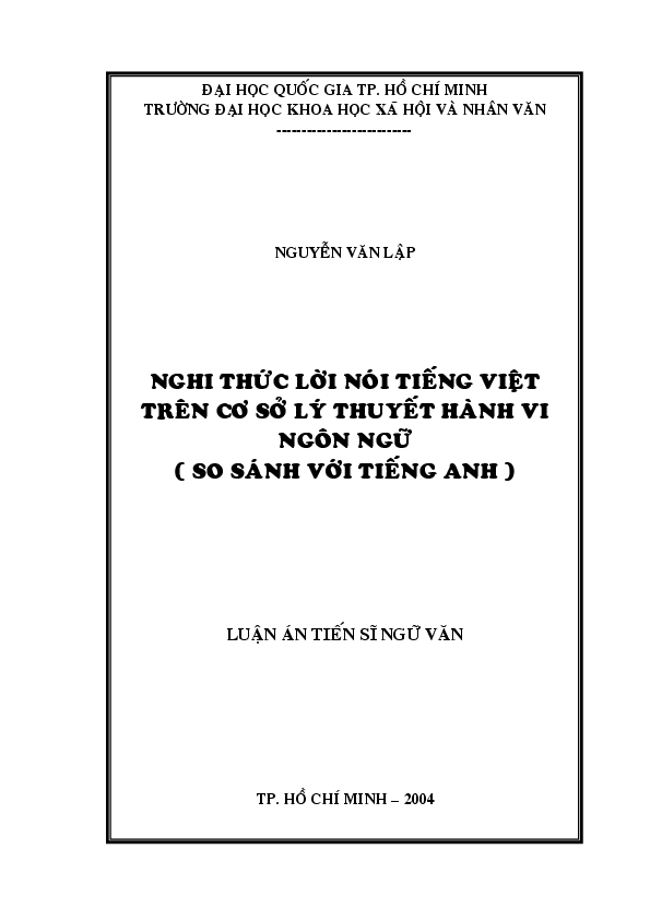 Nghi thức lời nói tiếng Việt trên cơ sở lý thuyết hành vi ngôn ngữ (so sánh với tiếng Anh) luận án Tiến sĩ 5.04.27