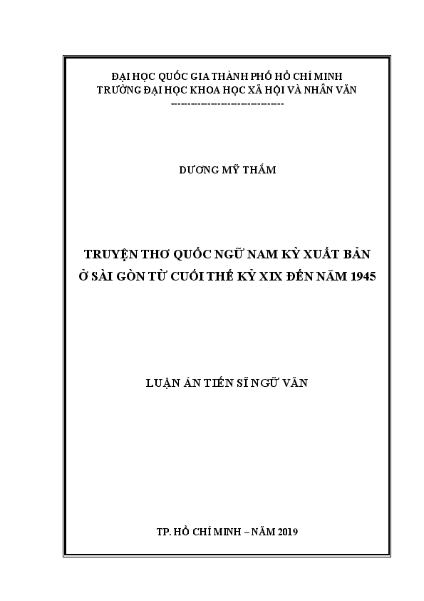 Truyện thơ Quốc ngữ Nam Kỳ xuất bản ở Sài Gòn từ cuối thế kỷ XIX đến năm 1945 luận án Tiến sĩ 62.22.34.01