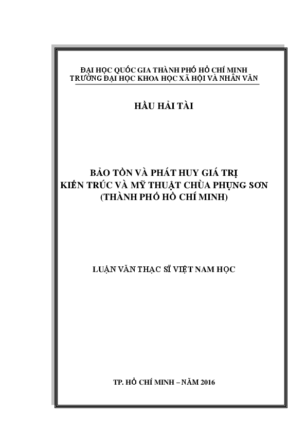 Bảo tồn và phát huy giá trị kiến trúc và mỹ thuật chùa Phụng Sơn (thành phố Hồ Chí Minh) luận văn Thạc sĩ 60.22.01.13