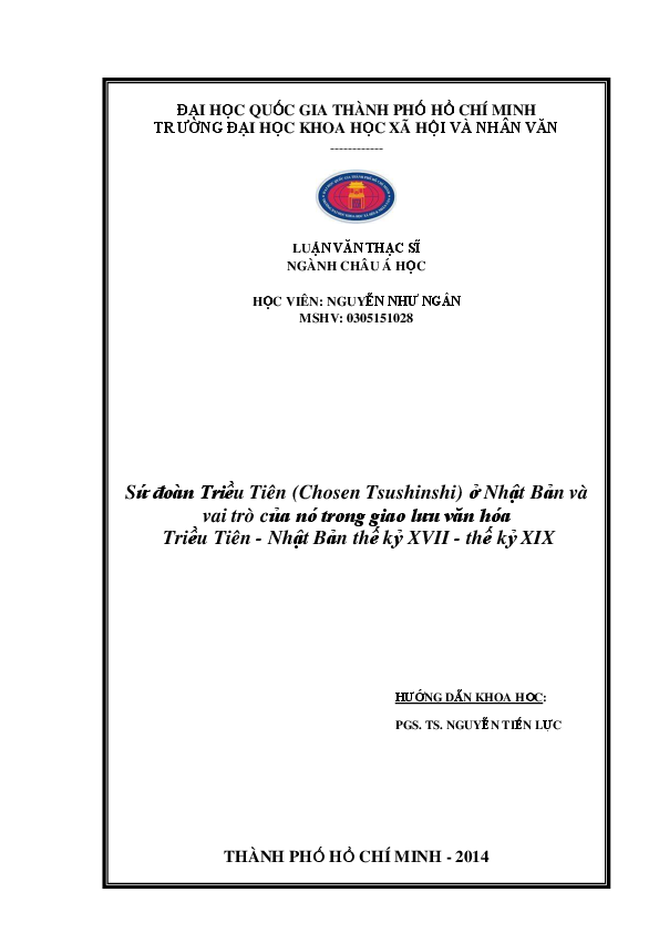 Sứ đoàn Triều Tiên (Chosen Tsushinshi) ở Nhật Bản và vai trò của nó trong giao lưu văn hóa Triều Tiên - Nhật Bản thế kỷ XVII - thế kỷ XIX luận văn Thạc sĩ 60.31.50