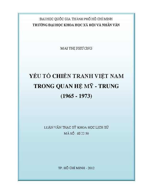 Yếu tố chiến tranh Việt Nam trong quan hệ Mỹ - Trung (1965-1973) luận văn Thạc sĩ 60.22.50