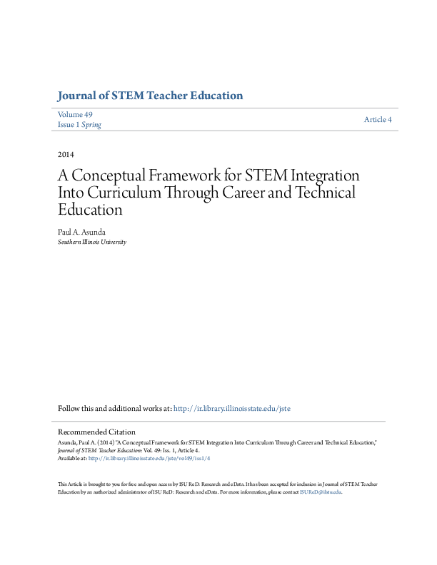 A conceptual framework for STEM integration into curriculum through career and technical education