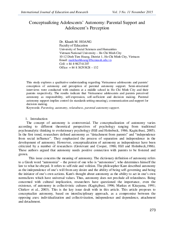 Conceptualizing adolescents’ autonomyParental support and adolescent’s perception