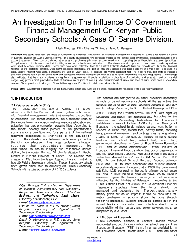 An investigation on the influence of government financial management on kenyan public secondary schoolsA case of sameta division
