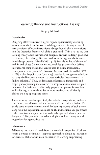 Learning Theory and Instructional Design