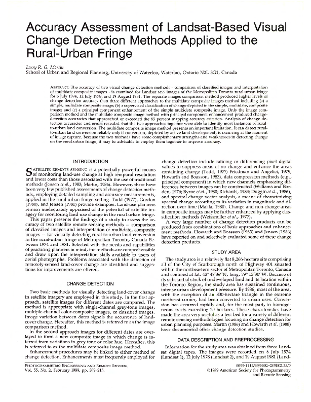 Accuracy assessment of landsat-based visual change detection methods applied to the Rural- Urban fringe