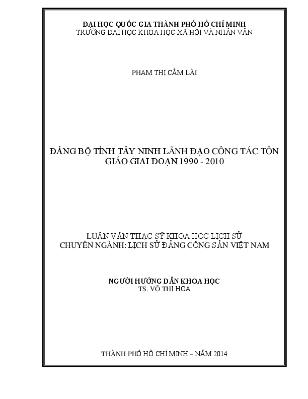 Đảng bộ tỉnh Tây Ninh lãnh đạo công tác tôn giáo giai đoạn 1990-2010 luận văn Thạc sĩ 60.22.56
