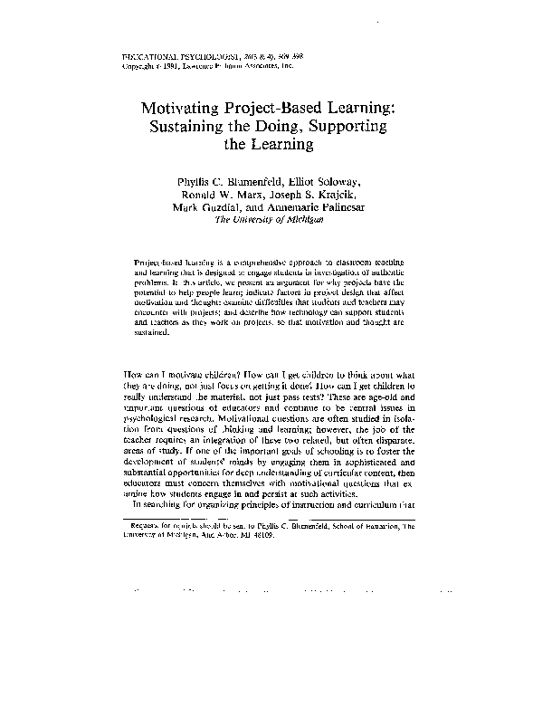 Motivating project based learning Sustaining the doing, supporting the learning
