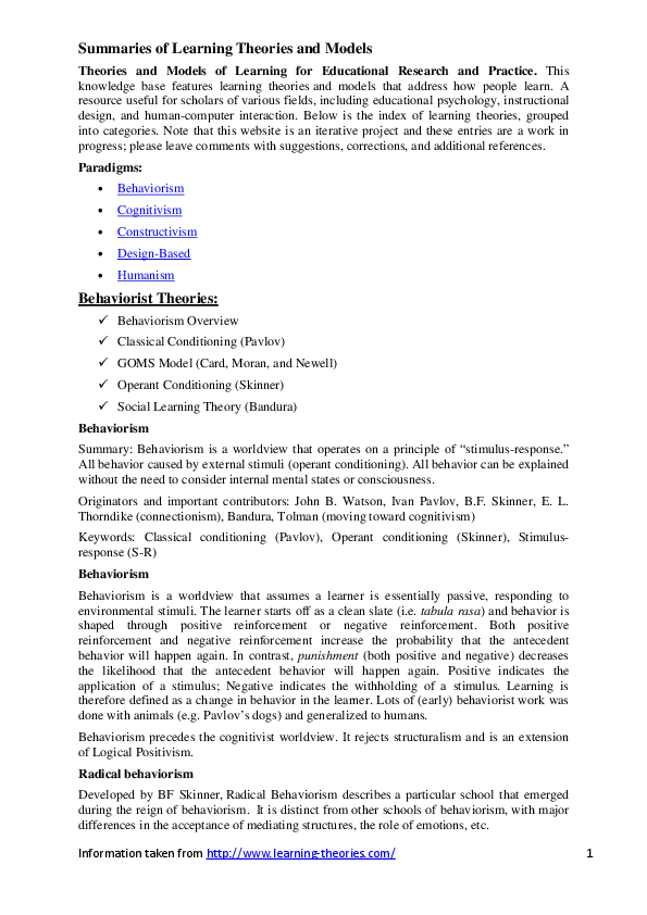 Summaries of Learning Theories and Models