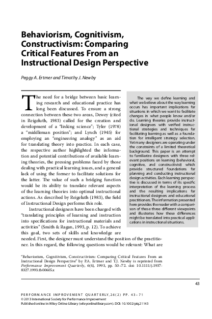Behaviorism, Cognitivism, ConstructivismComparing Critical Features From an Instructional Design Perspective