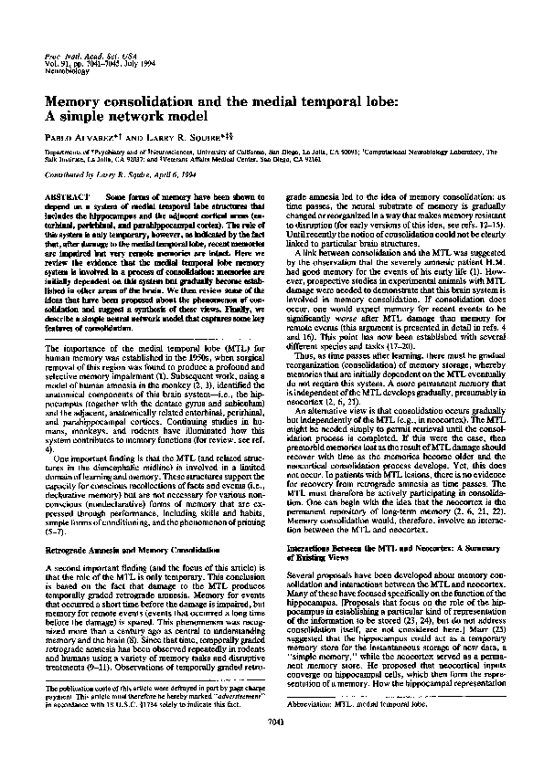 Memory consolidation and the medial temporal lobeA simple network model