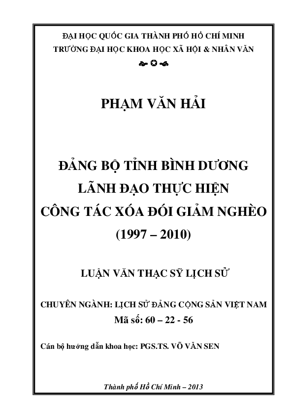 Đảng bộ tỉnh Bình Dương lãnh đạo thực hiện công tác xóa đói giảm nghèo (1997-2010) luận văn Thạc sĩ 60.22.56