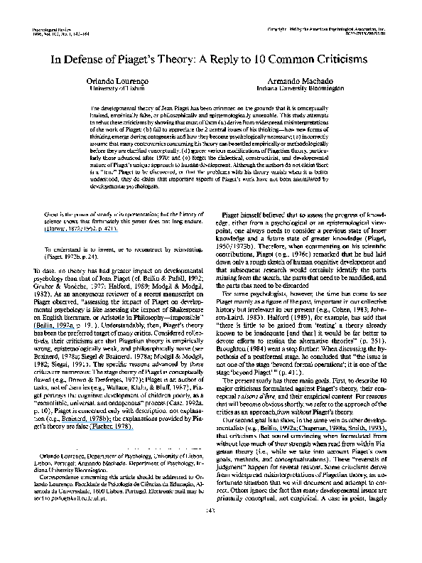 In Defense of Piaget's TheoryA Reply to 10 Common Criticisms