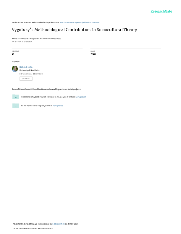 Vygotskys Methodological Contribution to Socio cultural Theory