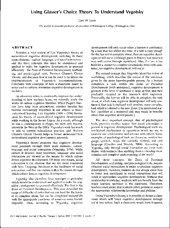 Using Glassers Choice Theory To Understand Vygotsky