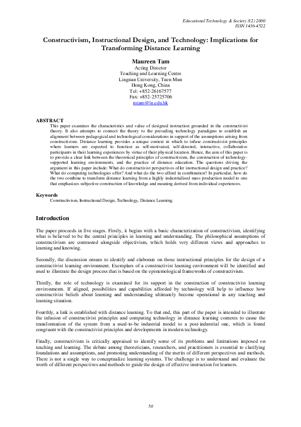 Constructivism, instructional design, and technologyImplications for transforming distance learning